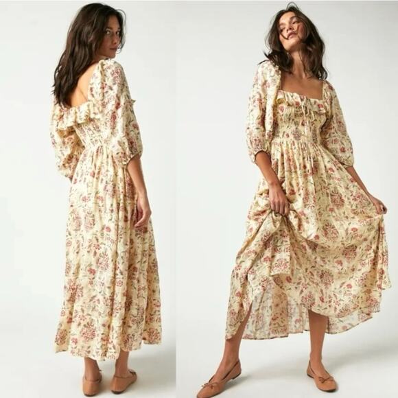 Free People XL Ethereal Oasis Printed Midi Dress Ivory Bohemian Cottage - Picture 3 of 14